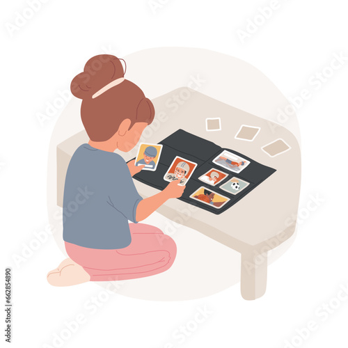 Cards isolated cartoon vector illustration. Kid with variety of sport trading cards, collector album, cartoon character collection, picture with description, child hobby vector cartoon.