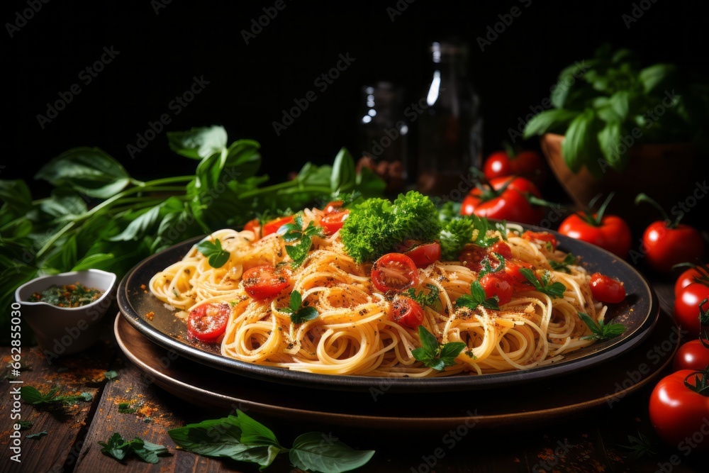 Spaghetti pasta with fresh tomato, garlic and mint Spaghetti pasta with fresh tomato, garlic and mint