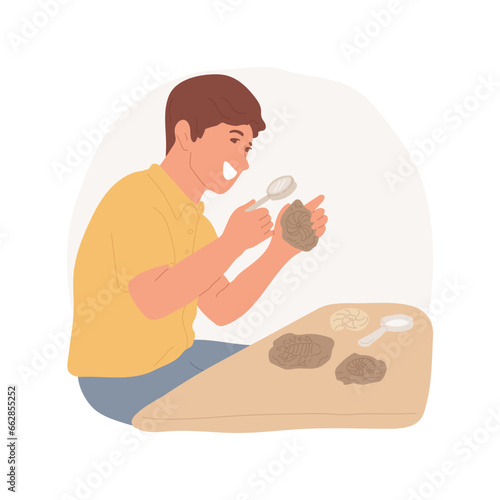 Fossils isolated cartoon vector illustration. Man having fossils collection, hands-on activity, paleontology finds, study rock with magnifying glass, nature-related hobby vector cartoon.