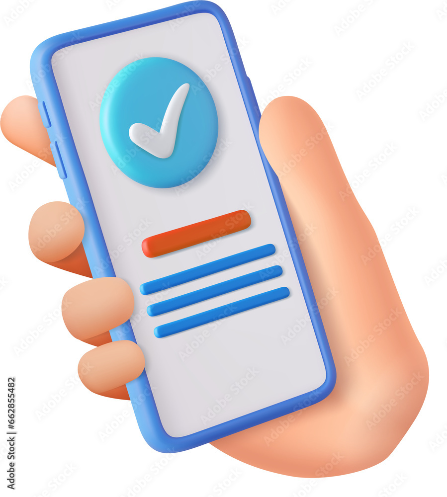 3D Hand holding mobile phone with check mark 3D Hand holding mobile phone with check mark
