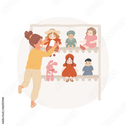 Dolls and toys isolated cartoon vector illustration. Beautiful girl with collection of vintage dolls, collect rare toys items, lifestyle and hobby, hands-on activity vector cartoon.