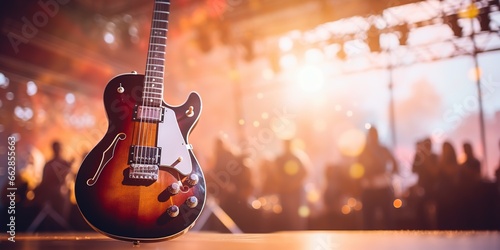 Music holiday composition with close up electronic guitar on blurred concert background with bokeh effect.
