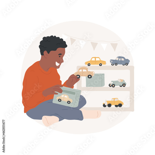 Toy car models isolated cartoon vector illustration. Smiling boy with retro car collection, toy transport, lifestyle and hobby, hands-on activity, rare automobile model vector cartoon.