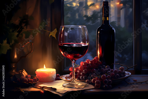 red wine with grape wine and bottle