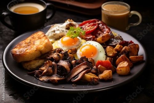 Delicious breakfast with eggs, bacon, hash browns, black pudding, mushrooms, toast, and coffee. Generative AI photo