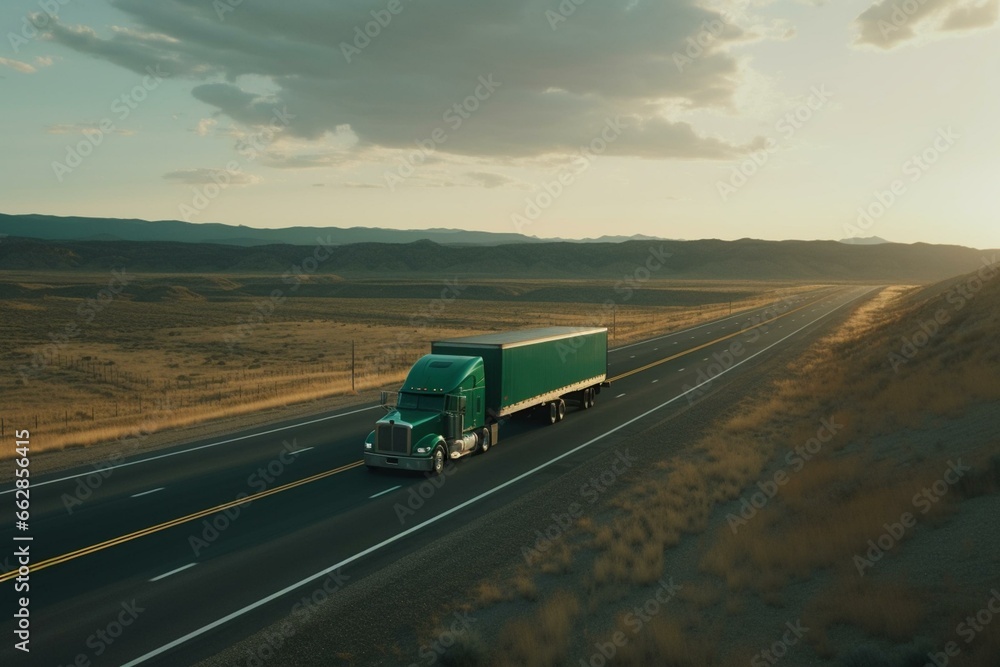 green truck with trailer drives on open road. Generative AI