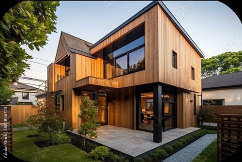 Captivating design of timeless wooden house in a charming neighborhood. Generative AI © Milana