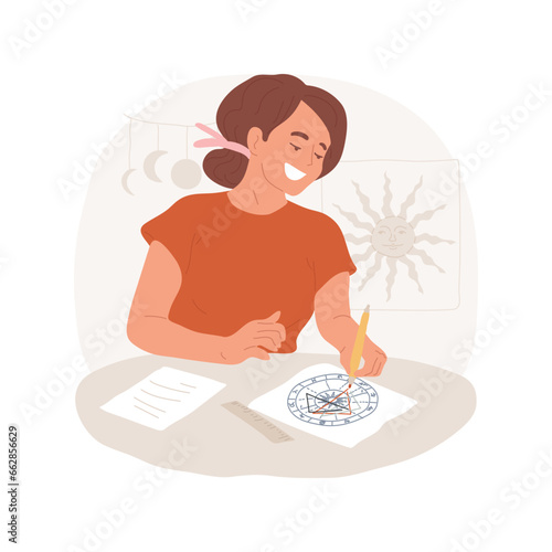 Astrology isolated cartoon vector illustration. Astrologer drawing natal chart, future prediction, zodiac and horoscopes beliefs, spiritual hobby, hands-on activity vector cartoon.