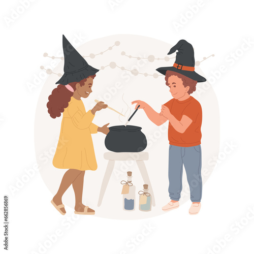 Kiddie witchcraft isolated cartoon vector illustration. Kids in witch hats making potions, holding magic wands in hands, people lifestyle and hobby, hands-on activity vector cartoon.