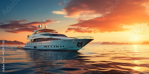Sea travel banner with white luxury yacht at sunset In calm sea. Sea vacation.