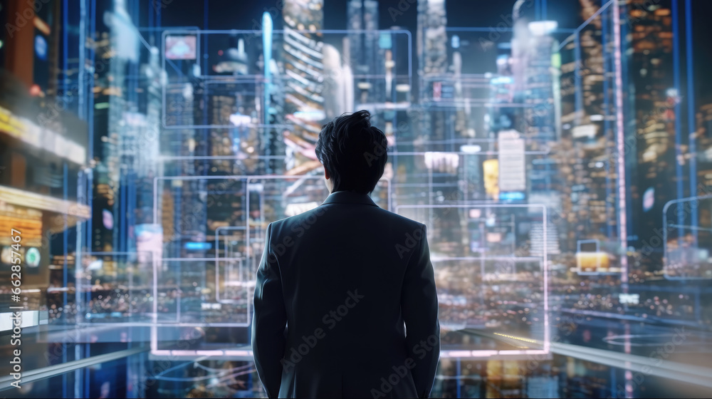 Fototapeta premium A businessman immersed in generating a wireframe for a global network connection