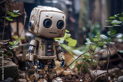 robot life, a little cute robot is looking at the plants in the forest
