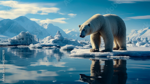a polar bear standing on ice floes in the water of north pole
