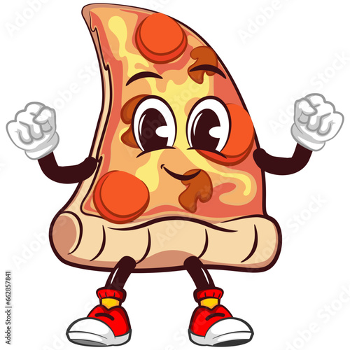 vector mascot character of a slice of pizza being excited with clenched fist