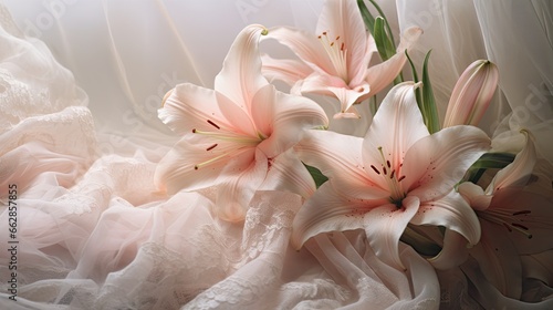 Lily and Lace  Soft pink lilies spread out with vintage lace  exuding both grace and antiquity