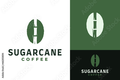 Creative Simple Green Coffee Bean with Sugarcane in Negative Space Logo Design Branding Template