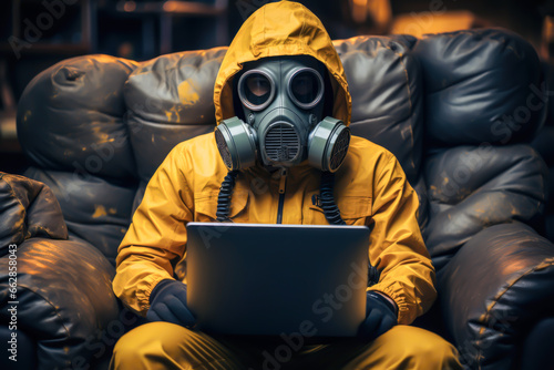virus life, a person in a yellow anti-virus antinuclear suit in front of a laptop screen photo