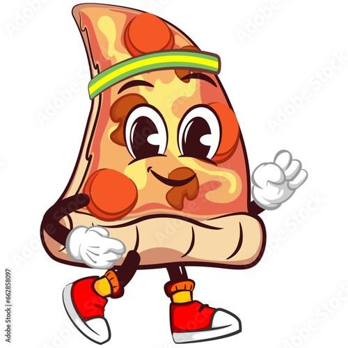 vector mascot character of a slice of pizza jogging wearing a headband