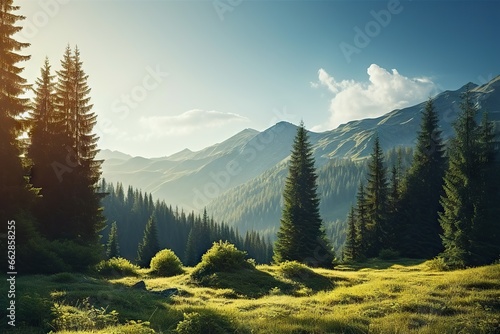  the sun shines on the mountains and trees in the foreground. generative ai