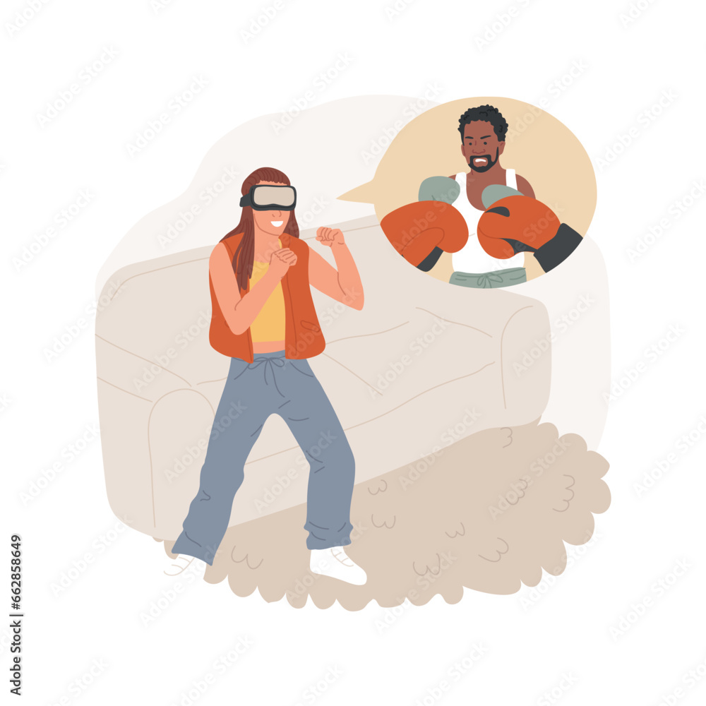 Fighting isolated cartoon vector illustration. Young teen gamer wearing augmented reality glasses, standing in boxing stance, enjoying sport video game, VR home entertainment vector cartoon.