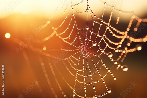  a spider web covered in water drops in the sun light.  generative ai