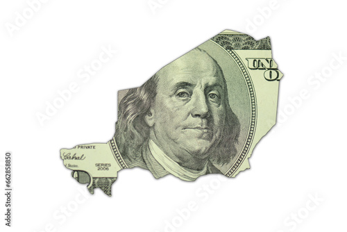 map of niger on a american dollar money texture on the white background. finance concept.