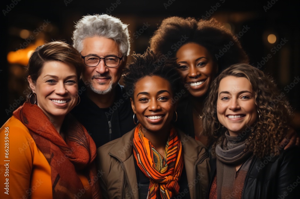 Groupe multiculturel d'homme et de femme, caucasien, afro et asiatique, souriant et joyeux 