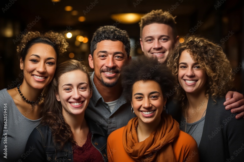 Groupe multiculturel d'homme et de femme, caucasien, afro et asiatique, souriant et joyeux 