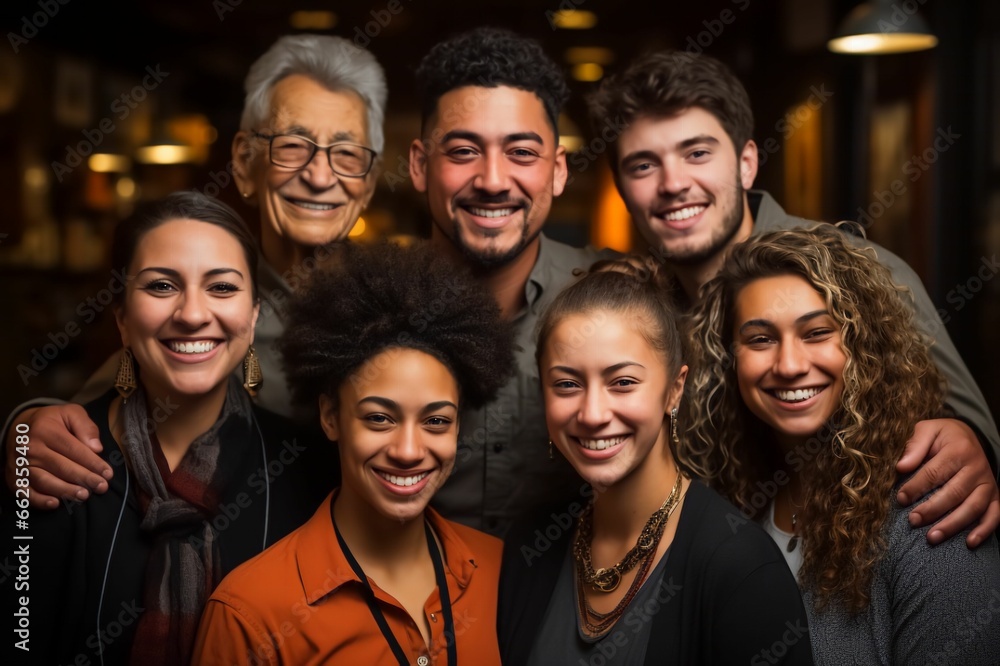 Groupe multiculturel d'homme et de femme, caucasien, afro et asiatique, souriant et joyeux 