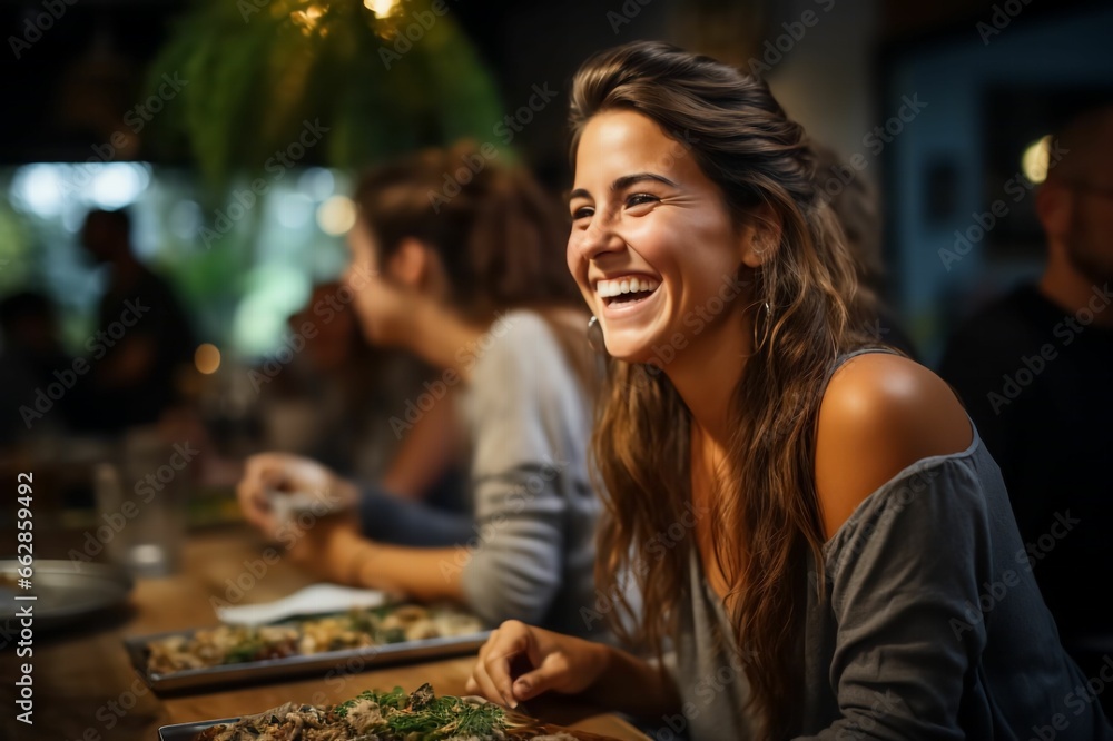 Fototapeta premium Portrait femme souriante entouré de ses amis dans un bar, restaurant, moment conviviale en groupe