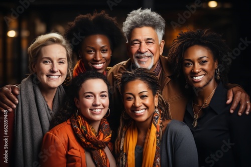 Groupe multiculturel d'homme et de femme, caucasien, afro et asiatique, souriant et joyeux  © Johnny