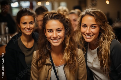 Portrait femme souriante entouré de ses amis dans un bar, restaurant, moment conviviale en groupe