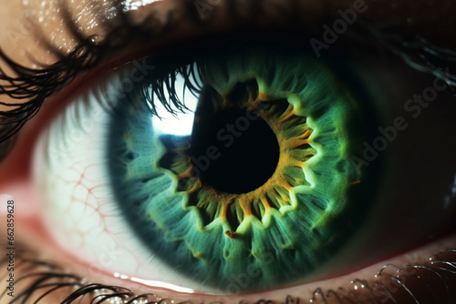 Closeup of green human eye in low light technique, Hyperopia, myopia, astigmatism and laser vision correction