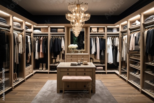 Plan a stylish and organized walk-in closet for a fashion enthusiast