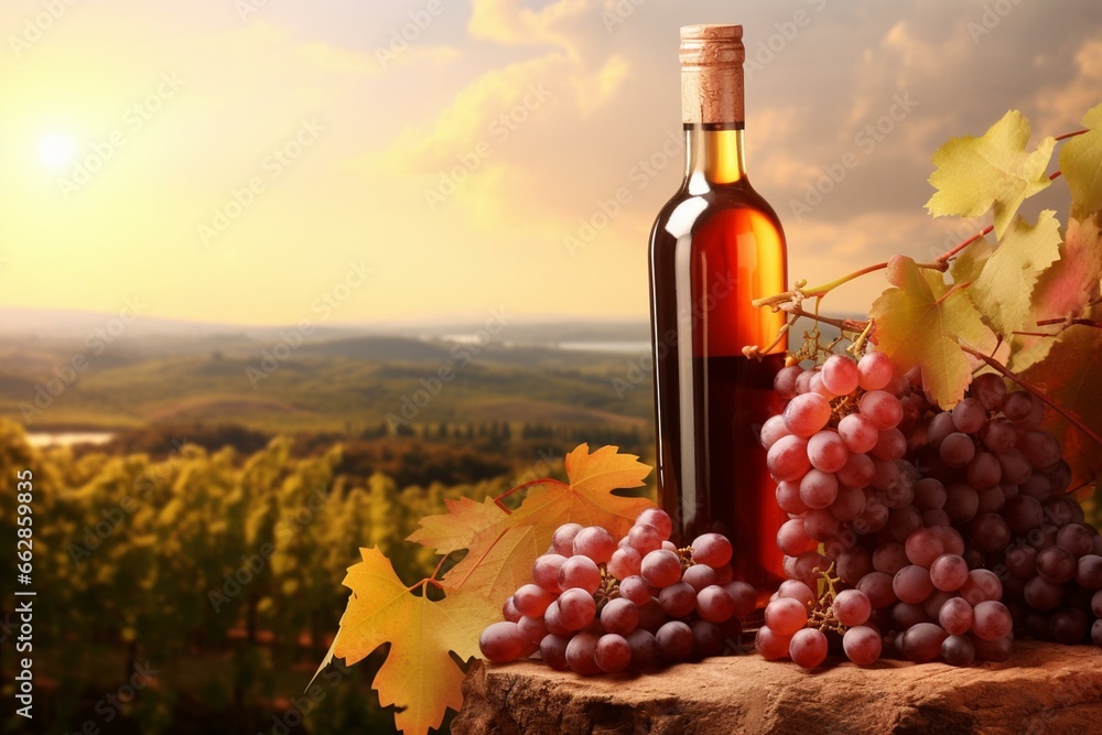 Wine bottle with grapes on vineyard background. Generative AI