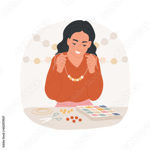 Jewelry design isolated cartoon vector illustration. Young teenage girl creating jewelry at home, making necklace, teen learning new skills, artsy hobby, spending leisure time vector cartoon.