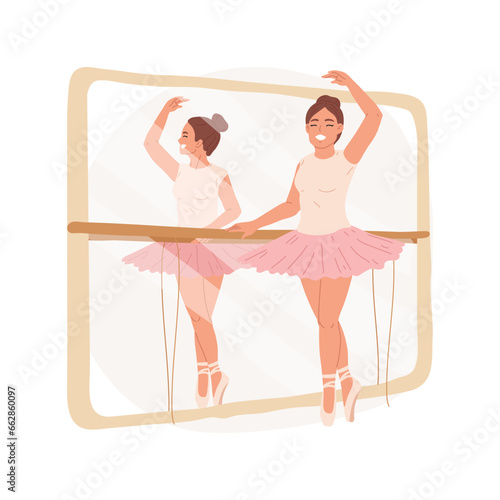 Ballet isolated cartoon vector illustration. Ballerina in pointe stretching in ballet gym, teenage girl standing near mirror, preparing for perfomance, learning new skillsite vector cartoon.