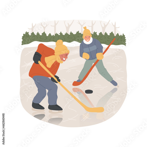 Pond hockey isolated cartoon vector illustration. Group of motivated teenagers playing pond hockey, winter team sport, teens healthy and active lifestyle, competitive spirit vector cartoon.