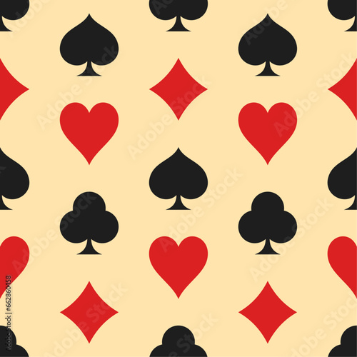 Card suits vector seamless pattern. Hearts, crosses, spades and diamonds on beige background. Best for textile, casino decor, wallpapers, wrapping paper, package and web design.