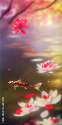 Fish and vibrant closeup cherry blossoms. Ai generated