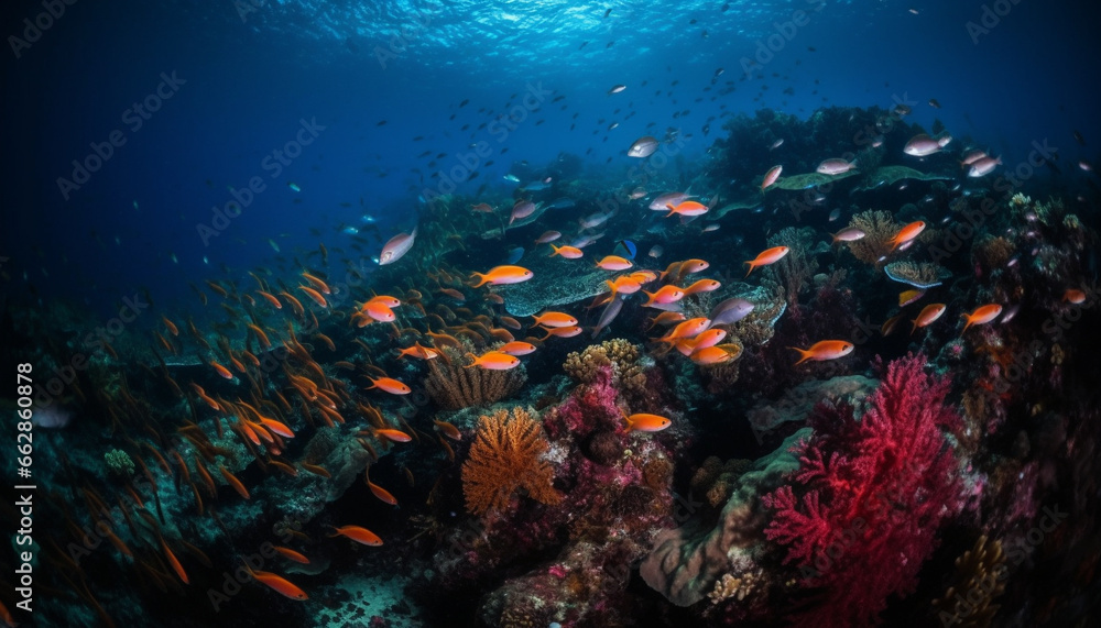 Fototapeta premium Multi colored school of fish swim in tropical reef paradise
