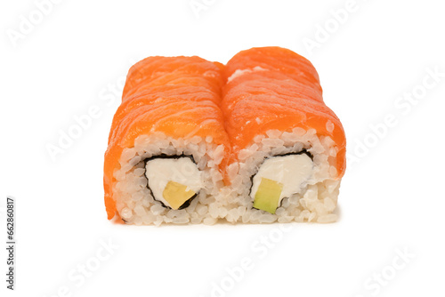 Sushi roll with salmon isolated on a white background.