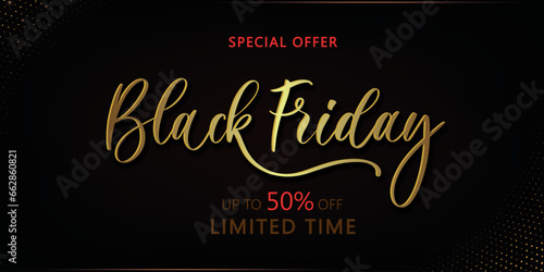 Black Friday Sale. Banner, poster, logo golden color on dark background.