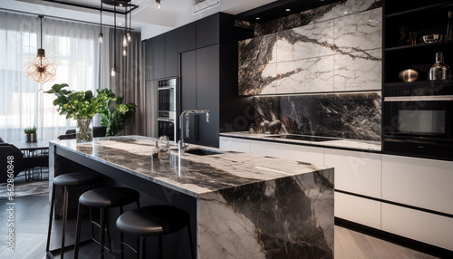 Modern luxury kitchen design with marble flooring and stainless steel appliances