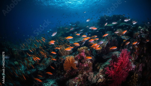 Multi colored school of fish swim in tropical reef paradise