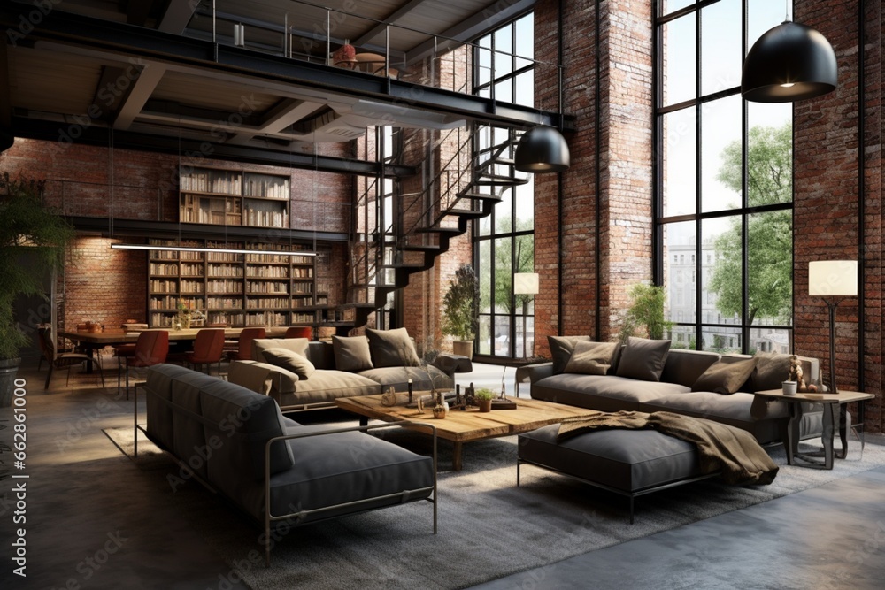 Plan an industrial-style loft apartment with an open floor plan