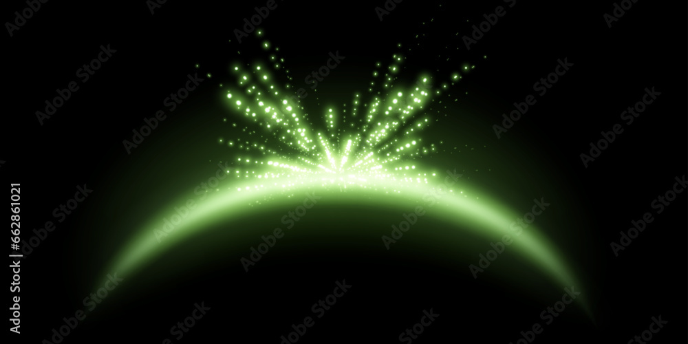 Green magic arch with glowing particles, sunlight lens flare. Neon realistic energy flare arch. Abstract light effect on a black background. Vector illustration. - obrazy, fototapety, plakaty 