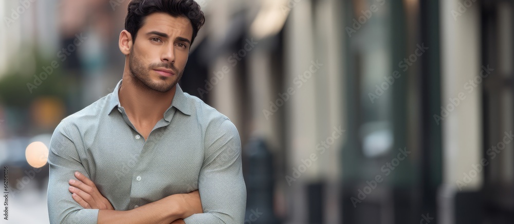 Caring Latin man in urban area wearing grey shirt With copyspace for text - obrazy, fototapety, plakaty 