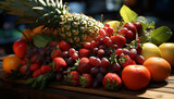Freshness and abundance of healthy, organic fruit collection on wooden table generated by AI
