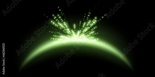 Green magic arch with glowing particles, sunlight lens flare. Neon realistic energy flare arch. Abstract light effect on a black background. Vector illustration.